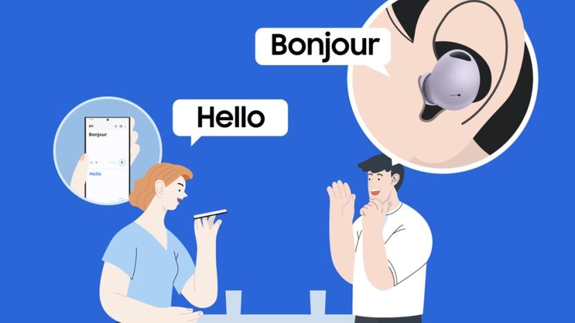 Illustration of two people, one speaking into a phone while the other hears what they say translated into another language through their earbuds.