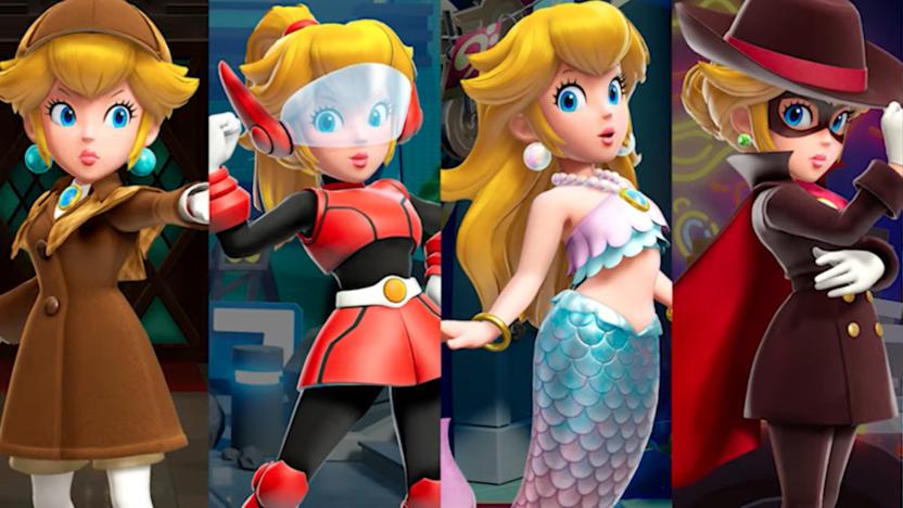 A promotional image showing Peach in various professional outfits. 