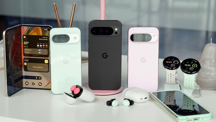 All the hardware announced during Google's annual Pixel hardware event is arranged on a white table and look quite shiny and new in black and pastel hues. 