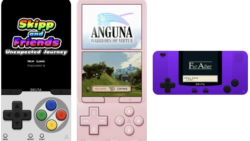 Screenshots of the Delta emulator, showing games running on emulated Nintendo devices.