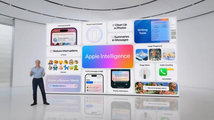 A screenshot of Apple's WWDC 2024 keynote with Craig Federighi standing in front of a screen with a summary slide on Apple Intelligence.