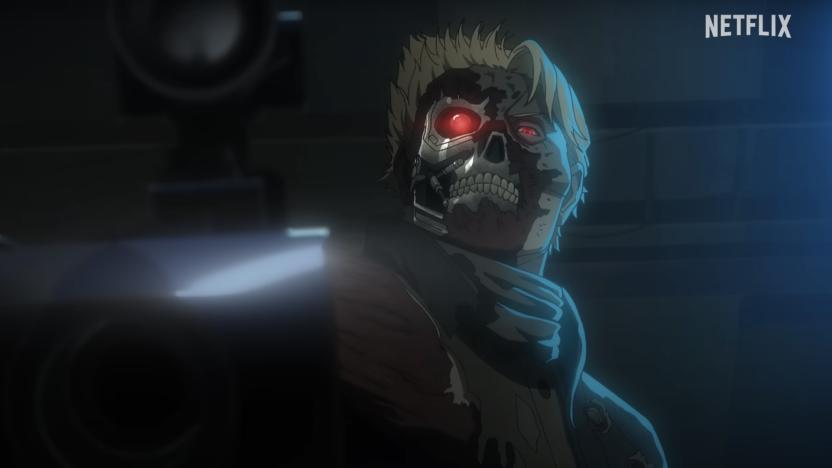 A look at a Terminator, whose cyborg face is showing under ripped skin in Netflix's new anime