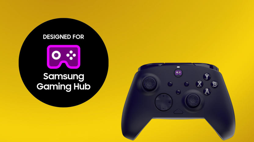 A round logo reading, "Designed for Samsung Gaming Hub" (left) next to a dark blue gamepad (right). Yellow gradient background.