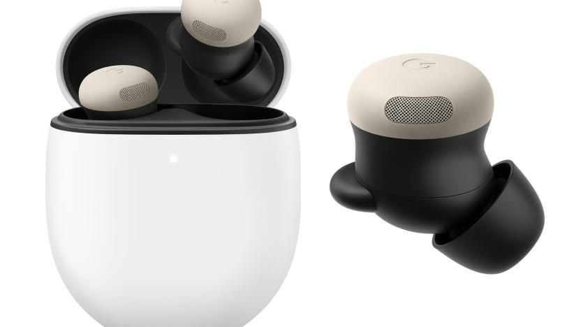 Google's Pixel Buds Pro 2 in the "porcelain" color option. 