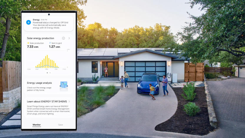 A  promo image showing a home in a cul-de-sac with a phone screen overlaid on the image to promote the partnership of Samsung with Tesla and Hyundai about connecting cars with homes.