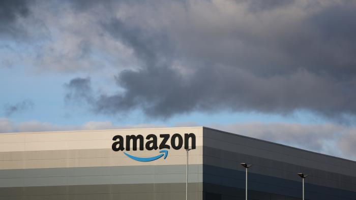 HAYDOCK, ENGLAND - OCTOBER 15: The Amazon logo is displayed outside Amazon UK MAN8 Warehouse on October 15, 2023 in Haydock, United Kingdom. (Photo by Nathan Stirk/Getty Images)