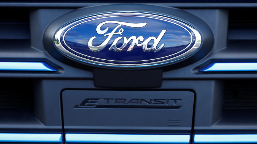 The Ford badge and E-Transit logo are seen on a vehicle at Ford’s Dunton Technical Centre in Dunton, Britain, January 13, 2023.  REUTERS/Peter Nicholls