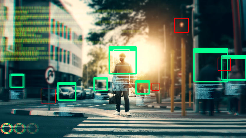 Face recognition, man in street and identity with biometric, surveillance and code for technology innovation in city. Network, security and future, IT overlay with info and frame, privacy and UI