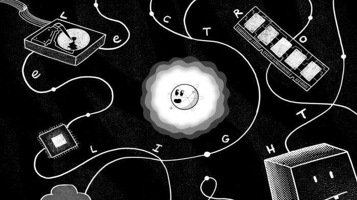 The title image for Electrolight showing a cartoon rendering of a small piece of light surrounded by computer parts