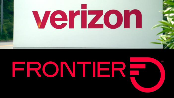 Split-pane image. Top: Verizon corporate sign. bottom: Frontier Communications logo against black background.