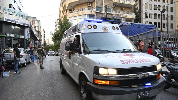 BEIRUT, LEBANON - SEPTEMBER 17: Ambulances are being dispatched to the area in Beirut, Lebanon while security forces take precautions after at least eight people, including a child, were killed in a mass explosion of wireless communication devices known as pagers on September 17, 2024. Some 2,800 other people were also injured, including 200 in critical condition. (Photo by Houssam Shbaro/Anadolu via Getty Images)