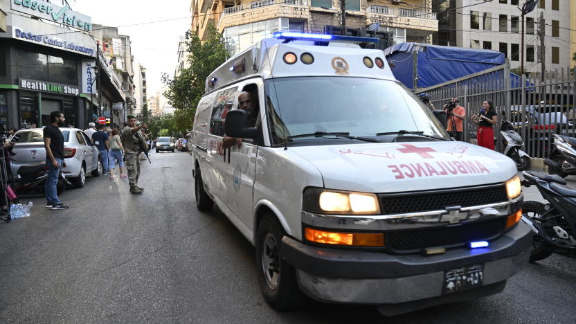 BEIRUT, LEBANON - SEPTEMBER 17: Ambulances are being dispatched to the area in Beirut, Lebanon while security forces take precautions after at least eight people, including a child, were killed in a mass explosion of wireless communication devices known as pagers on September 17, 2024. Some 2,800 other people were also injured, including 200 in critical condition. (Photo by Houssam Shbaro/Anadolu via Getty Images)