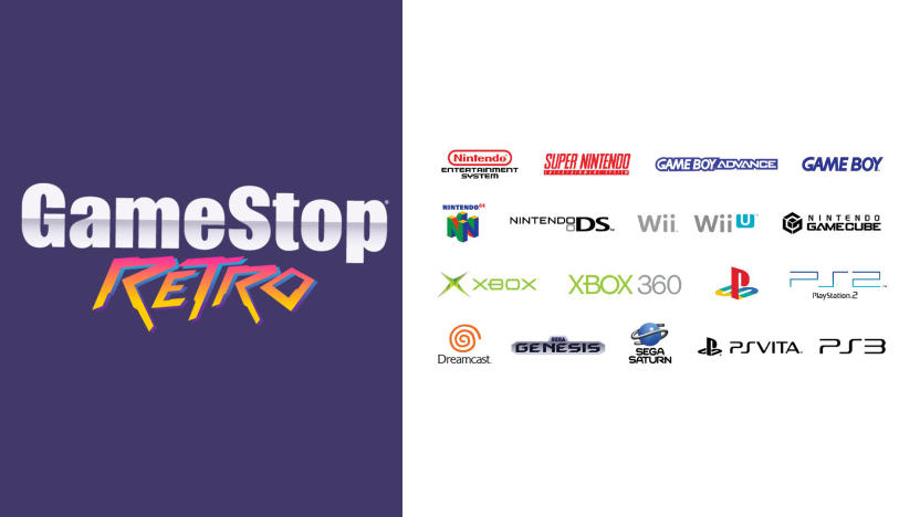 Dual-paned image for GameStop Retro. Left: "GameStop Retro" logo on a blue background. Right: Grid of classic console logos against a white background.