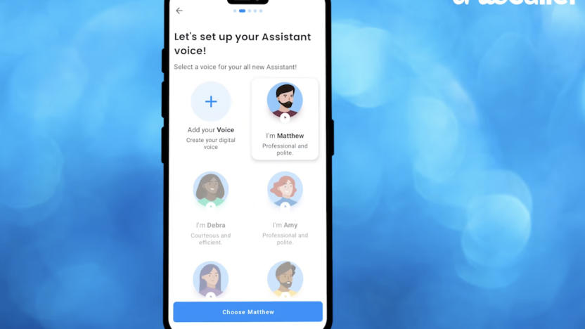 A phone screen showing a page that says "Let's set up your Assistant voice!"