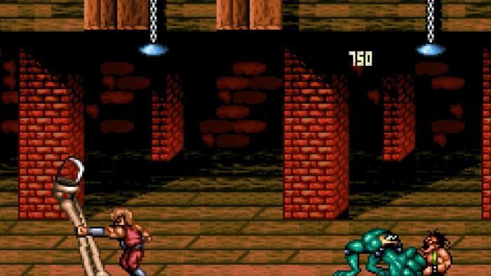 Billy Lee and Zitz punch enemies in the face (or whatever) in Battletoads Double Dragon for the SNES.