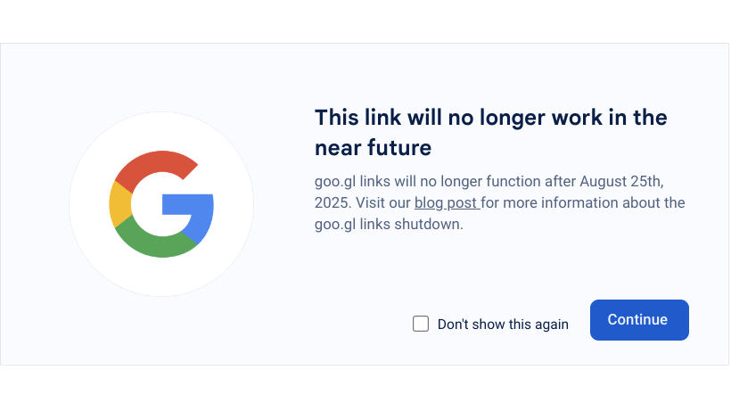 The Google logo with a note next to it that says "This link will no longer work in the future."