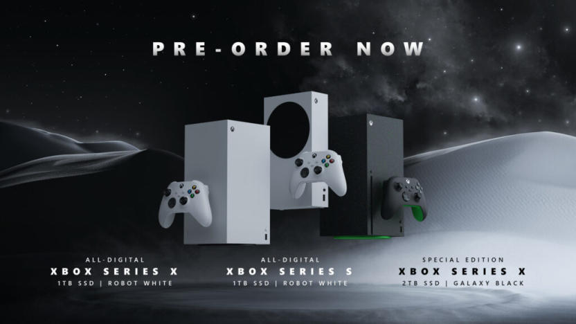 Three new Xbox consoles with pre-order info. Space-like black and off-white background.