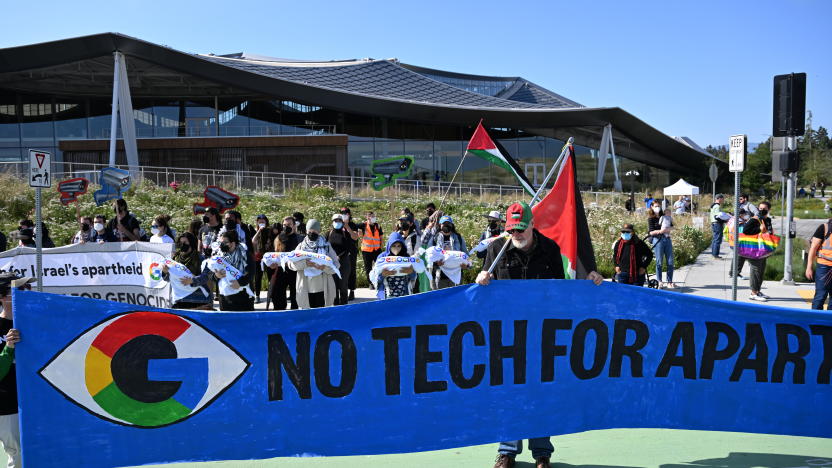 MOUNTAIN VIEW, CALIFORNIA - MAY 14: Pro-Palestinian protesters are blocked the Google I/O developer conference entrance to protest Google's Project Nimbus and Israeli attacks on Gaza and Rafah, at its headquarters in Mountain View, California, United States on May 14, 2024. Project Nimbus is a cloud computing project of the Israeli government and its military. (Photo by Tayfun Coskun/Anadolu via Getty Images)