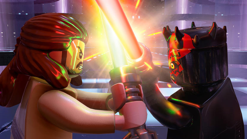 Lego versions of Star Wars characters Qui-Gon Jinn and Darth Maul in a lightsaber duel.