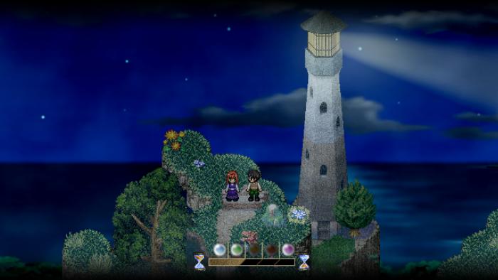 A still from the game to the moon that shows two characters standing on a cliff surrounded by vegetation, next to a lighthouse. It's night time and there is dark water in the background