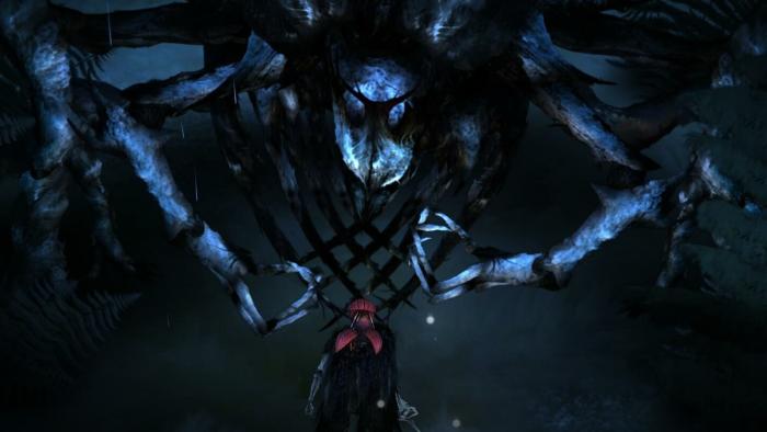 A still from the game Perennial Order showing a large spiderlike beast towering over the protagonist character, who is a knight with a red pitcher plant head