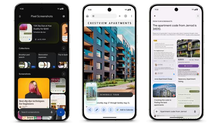 Three phones laid out side-by-side, each showing a different page of the Screenshots app on its screen. The leftmost one shows the Pixel Screenshots app home page in dark mode, the middle shows a screenshot of a website after it's captured and the right shows some screenshots in the new app and the words "The apartment code from Jerrod is 34510"at the top.