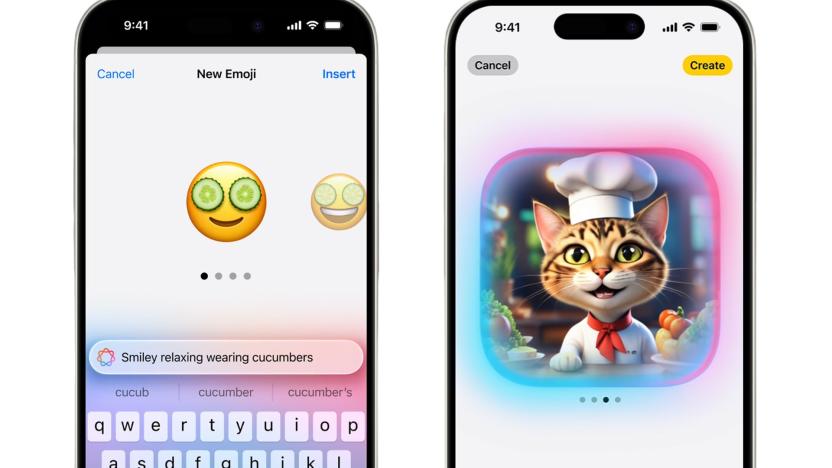 Renders of two iPhones are shown against a white background. One of the phones displays a yellow smiley face emoji with cucumber slices on its eyes, while they other shows an AI-generated image of a cat wearing a chef hat