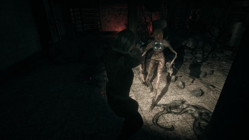 A still from the game Hollowbody showing a woman in a dark room pointing a gun and shining a light on a humanoid monster that is coming toward her