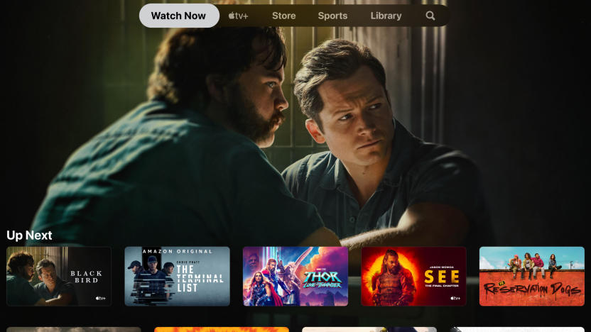 Screenshot from the Apple TV app for the Apple TV set-top box. A still from "Black Bird" is prominent with "Up Next" suggestions (including "The Terminal List," "Thor: Love and Thunder" and other recommendations) below.