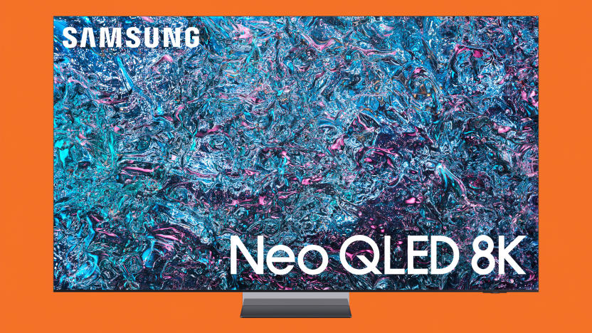 Product image of the latest Samsung Neo QLED 8K TV. Blue / purple patterns on the TV, showing off its resolution. Orange background.